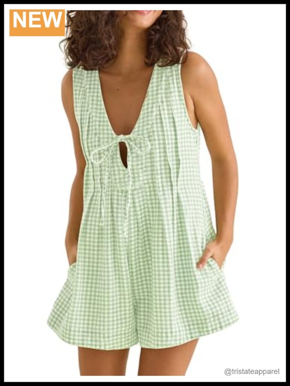 Womens Gingham Striped Sleeveless Romper V-Neck Tie Front Wide Leg